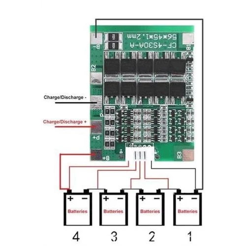 Töltésvezérlő 4db Li-Ion cellához 30A 14.4V-16.8V 45x56mm