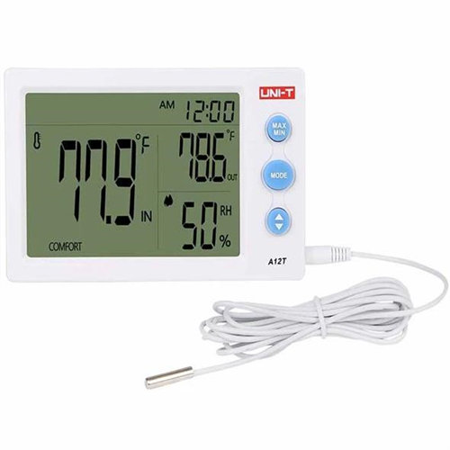 UNI-T A12T hőmérő és higrométer asztali külső hőmérséklet érzékelővel -10°C ~ 50°C