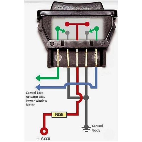 Billenő kapcsoló 40X20 két áramkör (ON)-OFF-(ON) 12V/20A 5 láb ablakemelő